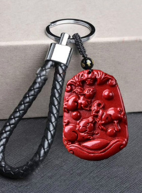 2026丙午马年雕刻桃木三合生肖属猪兔羊亥卯未钥匙扣朱砂饰品挂件