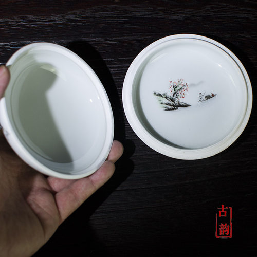 景德镇陶瓷印泥盒大码特大号山水仿古复古瓷缸篆刻印泥缸文房瓷盒 - 图3