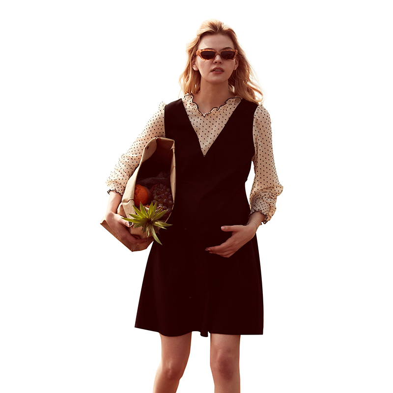 快乐屋孕妇连衣裙秋装2025新款孕妇装潮辣妈个性拼接假两件孕妇裙 - 图3