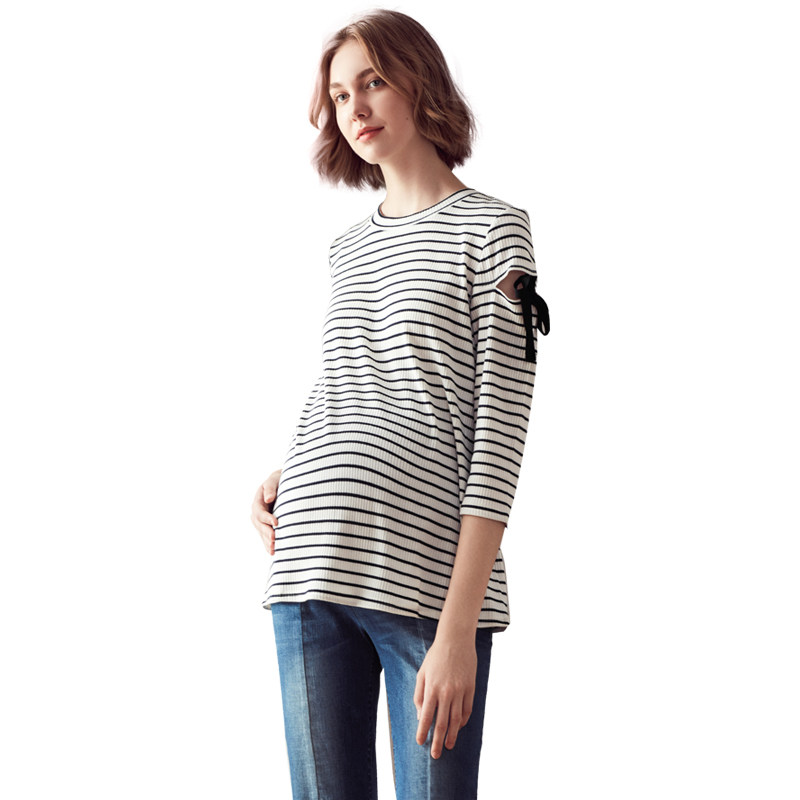 快乐屋孕妇春装中长款圆领条纹外穿 快乐屋T恤