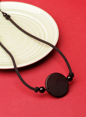 黑曜石圆形无事牌手链吊坠