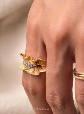 G HANDMADE 意大利拉丝工艺布家戒指925纯银带钻开口戒均码奢华