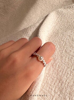 施家珍珠镀银碎银子弹力戒指