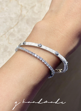G HANDMADE 925纯银镀真金意大利拉丝手镯轻珠宝进口锆石