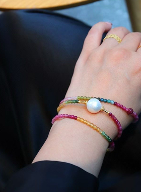 天然碧玺项链13mm珍珠女小米珠彩色多巴胺串珠子小众设计感毛衣链
