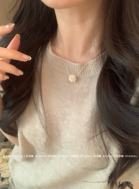 ins风~银珍珠花球项链