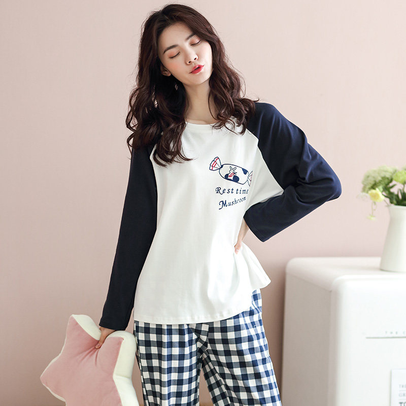 纯棉长袖可出门休闲可爱格子睡衣 造福鸟睡衣/家居服套装