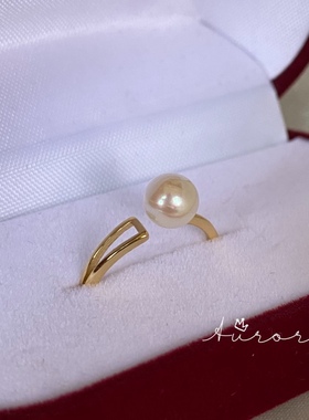 日本akoya羽皇金珍珠戒指 极光皇后s925银戒 通勤气质极简风戒指