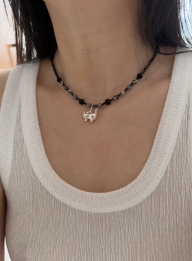 南西Handmade原创设计新中式小猫925纯银天然黑玛瑙串珠项链礼物