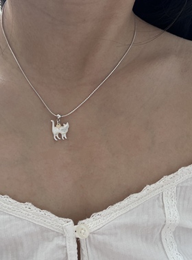 s925纯银天然白蝶贝猫咪项链
