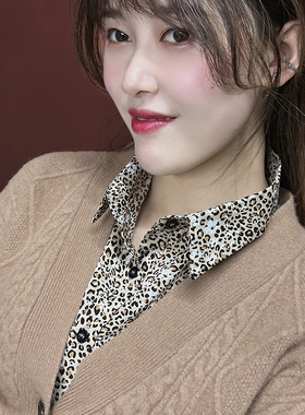欧美豹纹图案衬衣领配饰假领子女