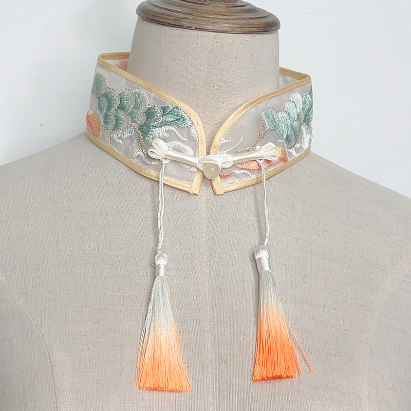 原创祥云国风新中式彩色刺绣盘扣假领子女欧根纱双层旗袍领COS风 - 图0