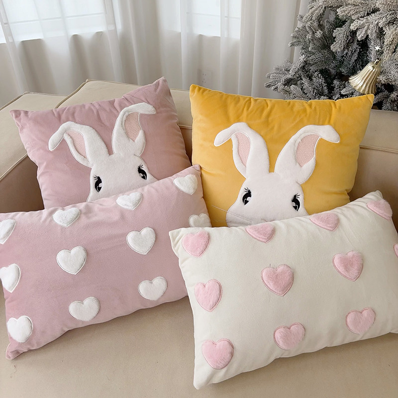 粉色毛绒兔子刺绣抱枕 公主风床头靠垫腰枕少女心靠枕套沙发抱枕,淘宝优惠券,粉丝福利购,淘宝优惠卷