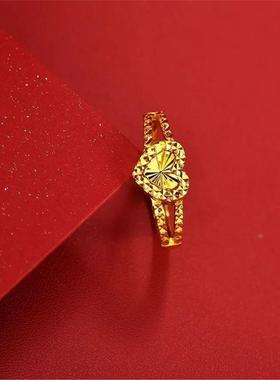 香港免税真金色戒指女一心一意爱心戒指沙金可调节活口指环送爱人