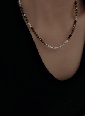 S925纯银虎眼石串珠项链女小众设计感复古银圈圈时尚锁骨碎银颈链