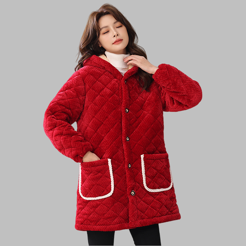 冬季三层加厚法兰绒夹棉加绒棉衣女士中长款连帽特厚家居服棉服女,淘宝优惠券,粉丝福利购,淘宝优惠卷