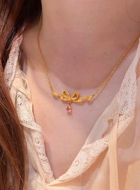 Young超仙粉钻公主丝绸带蝴蝶结项链轻奢时尚少女心镶钻拉丝吊坠