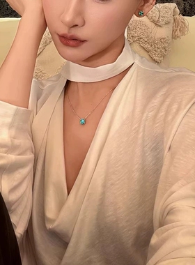 Young四爪方糖套装帕拉伊巴吊坠项链高碳钻绿彩宝手链公主方耳钉