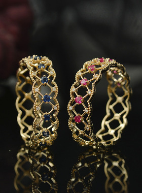 快手爆款蕾丝祖母绿蓝宝石女戒