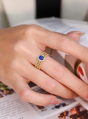 Young中古镂空时尚开口红刚玉戒指女叠戴复古个性小众蓝尖晶指环