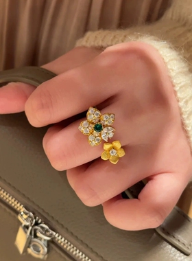 Young新中式双生花金色拉丝花朵戒指女小众设计气质轻奢百搭指环