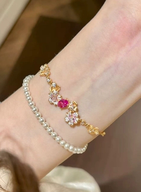 Young中古vintage轻奢拉丝繁花手链女复古闪钻帕拉伊巴伸缩手链女