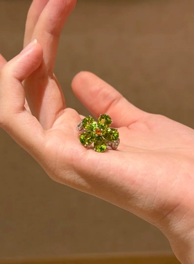 Young爆闪奢华满钻花朵戒指精致百搭气质彩钻苹果绿锆石五花指环