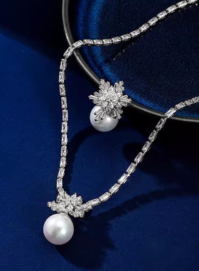 雪花珍珠锆石项链贝珠耳钉套装