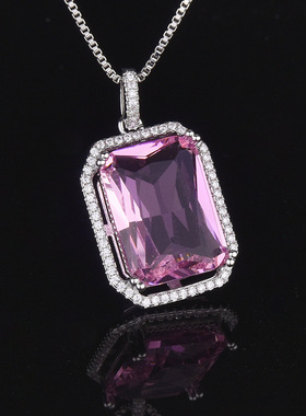 长方形粉色锆石项链吊坠韩国版