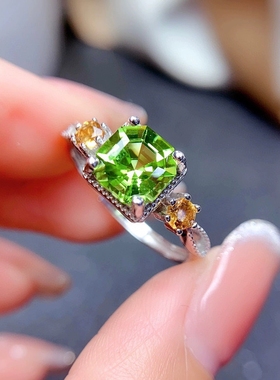 Young直播新款引流福利饰品批发2克拉公主方钻橄榄绿锆石开口戒指