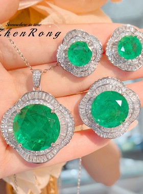新款仿真带棉祖母绿项链彩宝套装