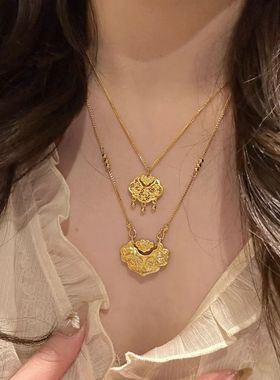 Young古法錾刻双鱼锦鲤锁包项链女复古沙金平安锁长命锁毛吊坠女