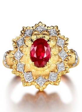 Young织纹雕金工艺仿真鸽血红宝石戒指女双色金红钻手工拉丝戒指