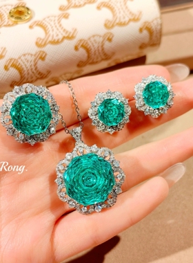 Young太阳花八角千禧玫瑰切项链玫红吊坠高碳钻海蓝戒指彩宝套装