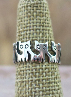 欧美风复古泰银猫咪戒指