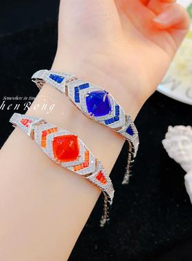 Young气质芬达钻糖塔切轻奢彩宝手链高碳钻祖母绿复古皇家蓝钻女