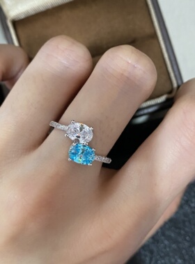 Young小红书同款蓝白钻椭圆交叠锆石开口戒指女小众设计轻奢指环