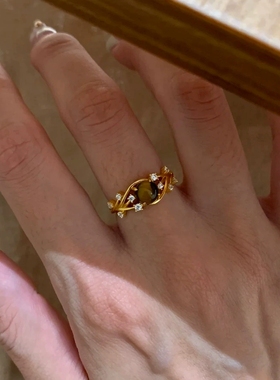 Young复古拉丝美拉德天然虎眼石戒指女轻奢超闪藤蔓虎眼食指戒女