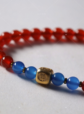 【壮的响亮】烟霞落照红玛瑙/蓝玛瑙沙金配饰108颗手链手串新中式