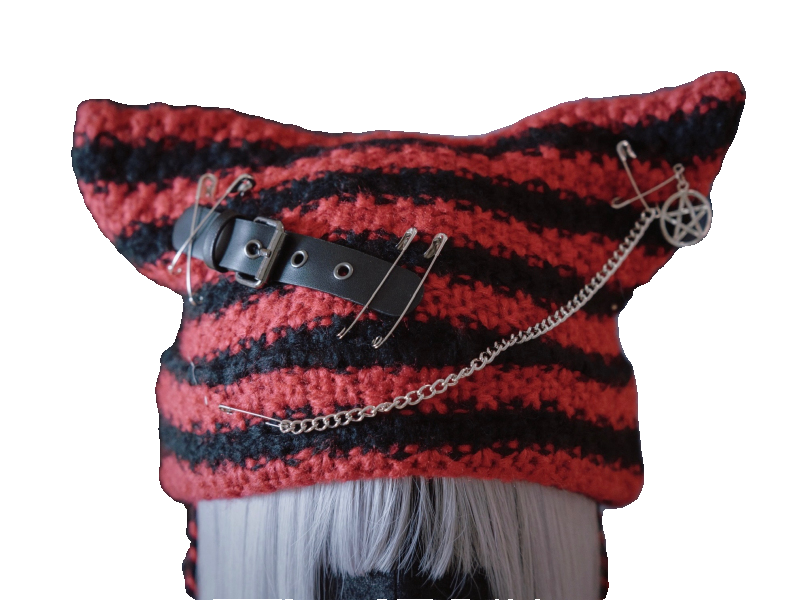 怪糖饰物集原创手工黑红条纹针织猫耳套头帽暗黑系亚文化黑红色 - 图3