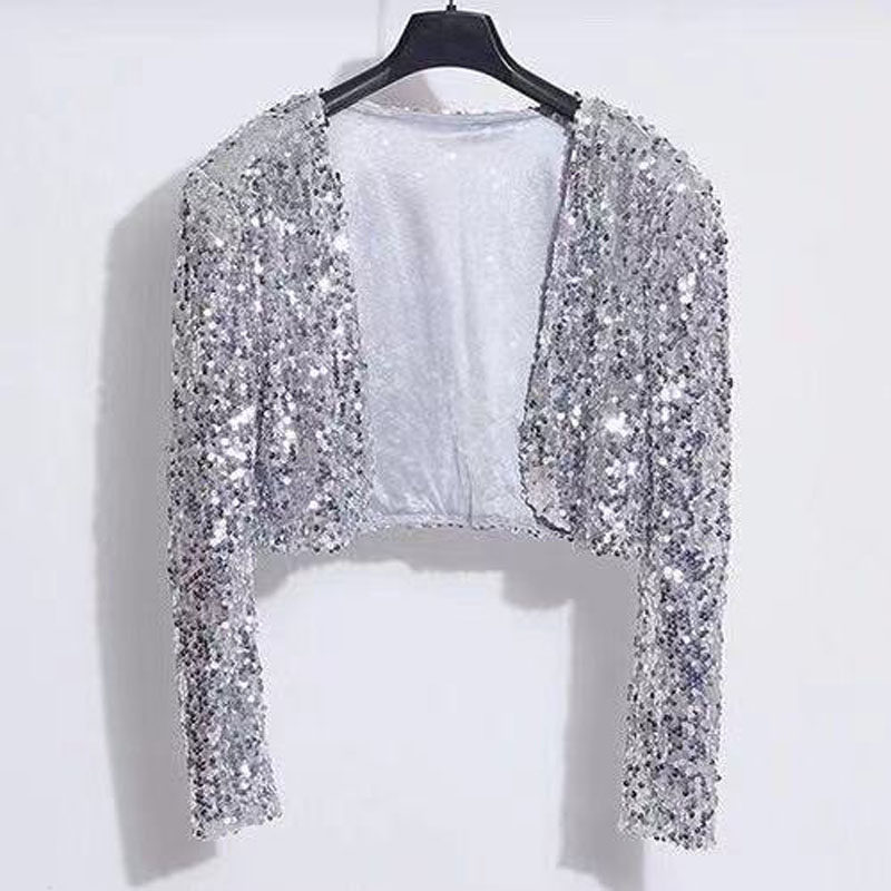 新款加大码演出服女装短款长袖亮片外套ds歌手领舞亮片垫肩小西装,淘宝优惠券,粉丝福利购,淘宝优惠卷
