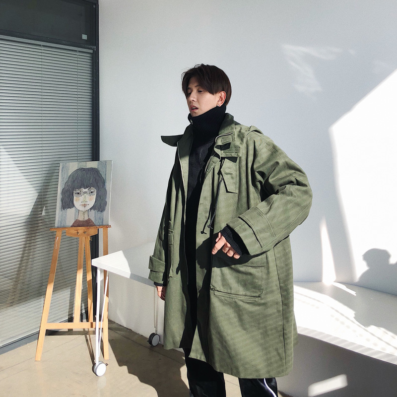 连帽帆布外套男 自制韩版军绿色工装中长款风衣男 BANGBOY oversize 连帽帆布外套男 自制韩版军绿色工装中长款风衣男 BANGBOY oversize