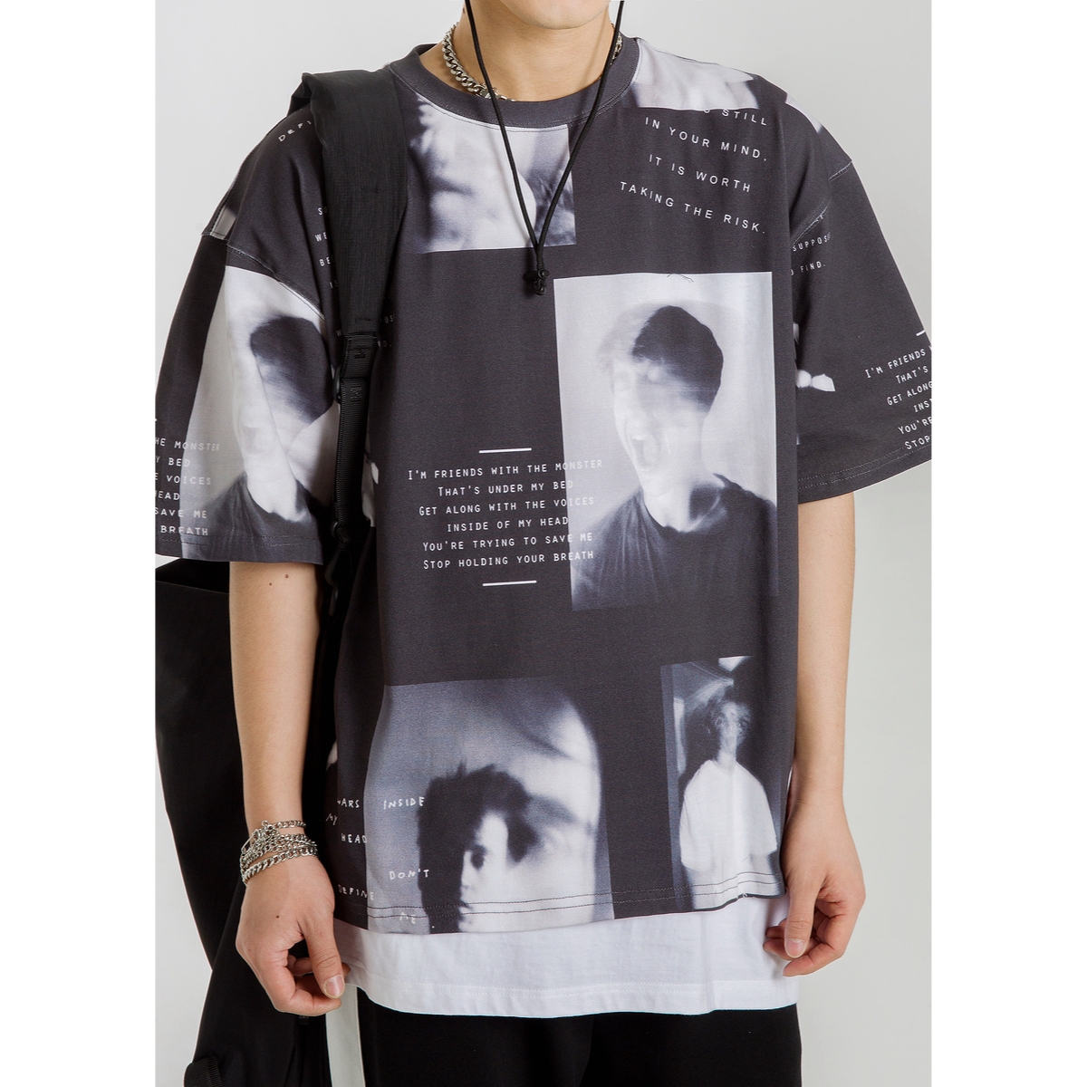 BANGBOY X IZTION黑灰色人物印花短袖T恤男2022新款夏季个性潮流t - 图3