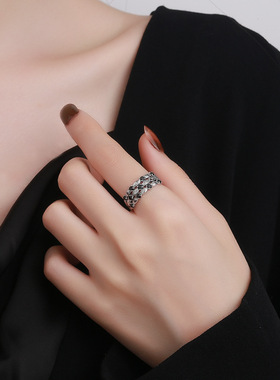 云尚服饰S925纯银韩版复古做旧款黑锆石黑酷钻开口戒指女