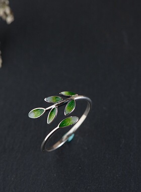 云尚服饰925纯银景泰蓝绿色树叶戒指女式气质古风怀旧复古文艺范