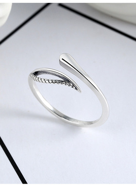 云尚服饰 S925纯银树叶和水滴指环潮女钩针带线戒指