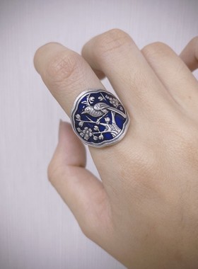 云尚服饰s925纯银烧蓝鸟语花香喜上眉梢戒指滴胶女活口调节饰品