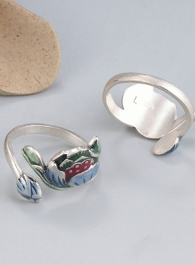 云尚服饰S925纯银滴胶滴油大码粗手指莲花戒指女 民族风银饰