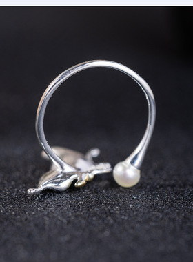 云尚服饰s925银原创设计简约珍珠蝴蝶钩针带线戒指女手饰品指环