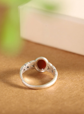 云尚服饰 泰银做旧s925银饰品女式南红玛瑙麦穗戒指 开女式指环